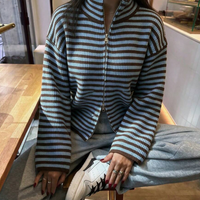 Kate gestreifter Pullover mit Stehkragen und Reißverschluss
