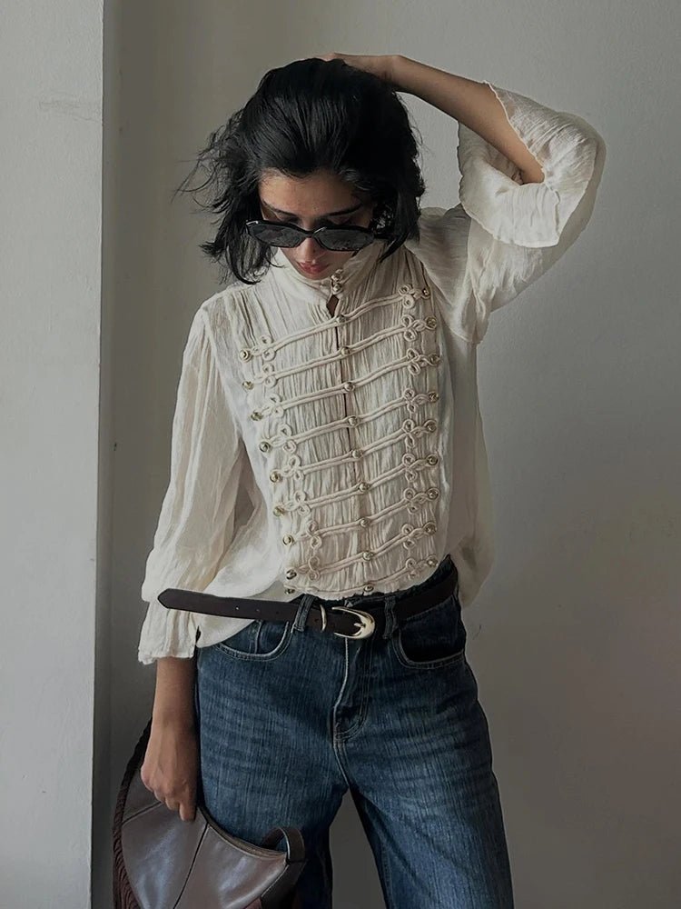 SOKYND Addison Vintage Stand Collar Frog Button Blouse BlouseSOKYND-182295-BEI-S-38551BeigeS