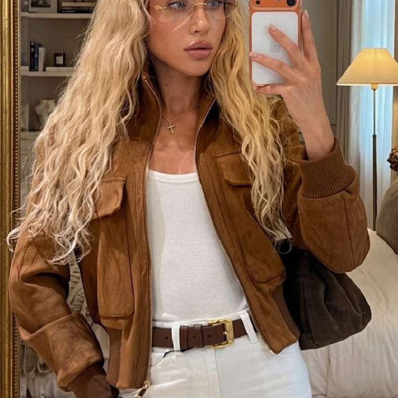 SOKYND Amanda Cropped Bomber Jacket JacketSOKYND-446487-TAN-XS-83479Light BrownXS