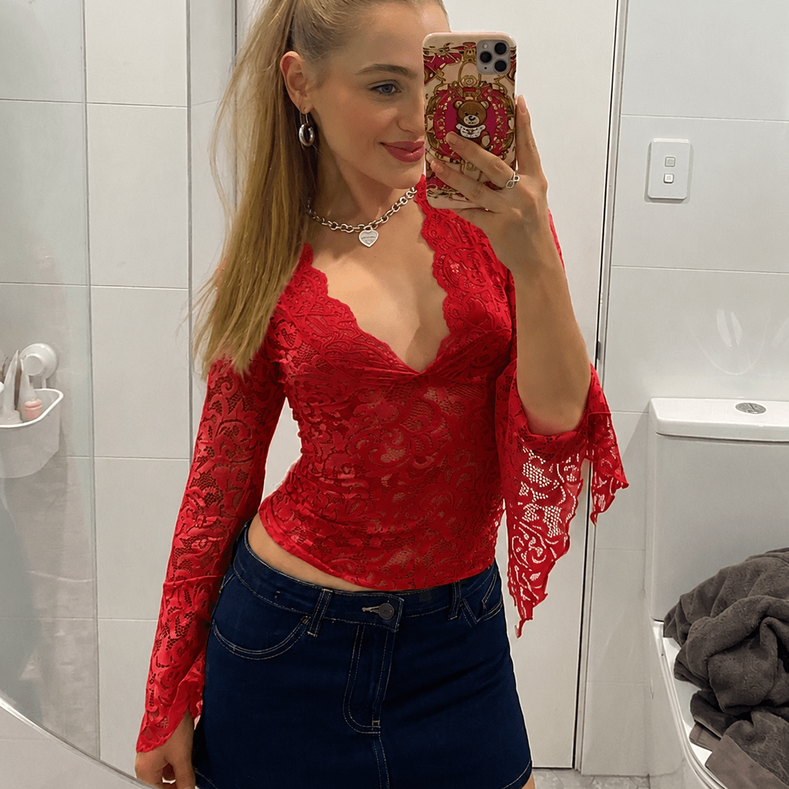 SOKYND Annie V-Neck Lace Top TopSOKYND-407447-RED-S-93495RedS