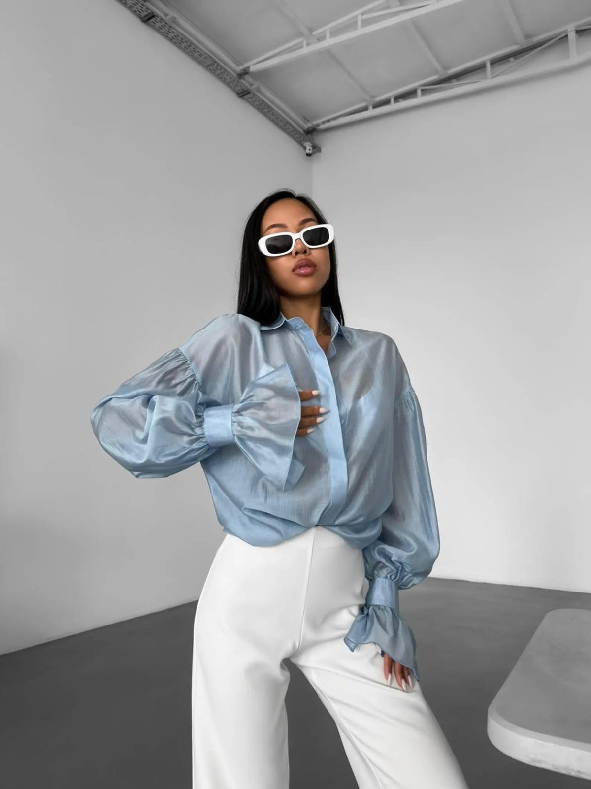 SOKYND Arabella Long Sleeve Sheer Blouse TopsBlueS