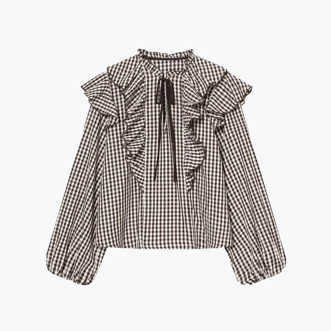 SOKYND Ava Gingham Ruffle Blouse BlouseSOKYND-713943-BRO-XS-88503BrownXS