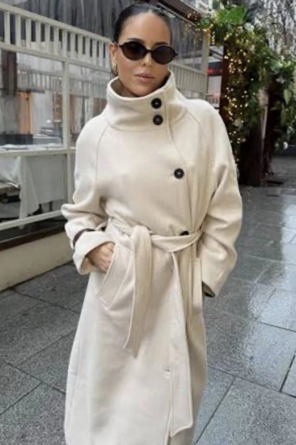 SOKYND Dolly Long Belted High Collar Coat Coats & JacketsBeigeS