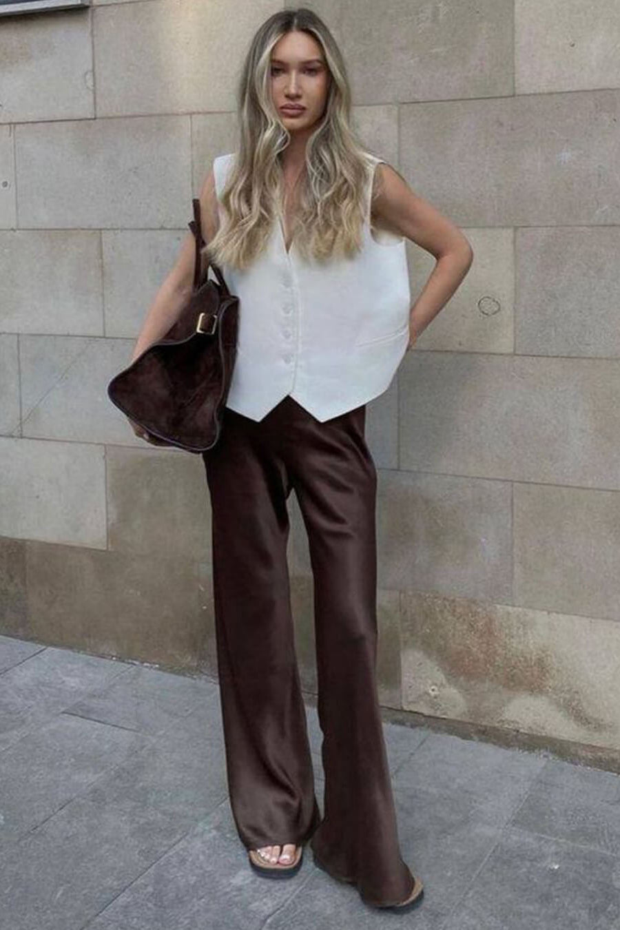 SOKYND Elena Wide Leg Satin Trousers PantsBrownS