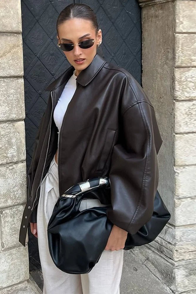 SOKYND Eliana Leather Moto Jacket Coats & JacketsBrownS