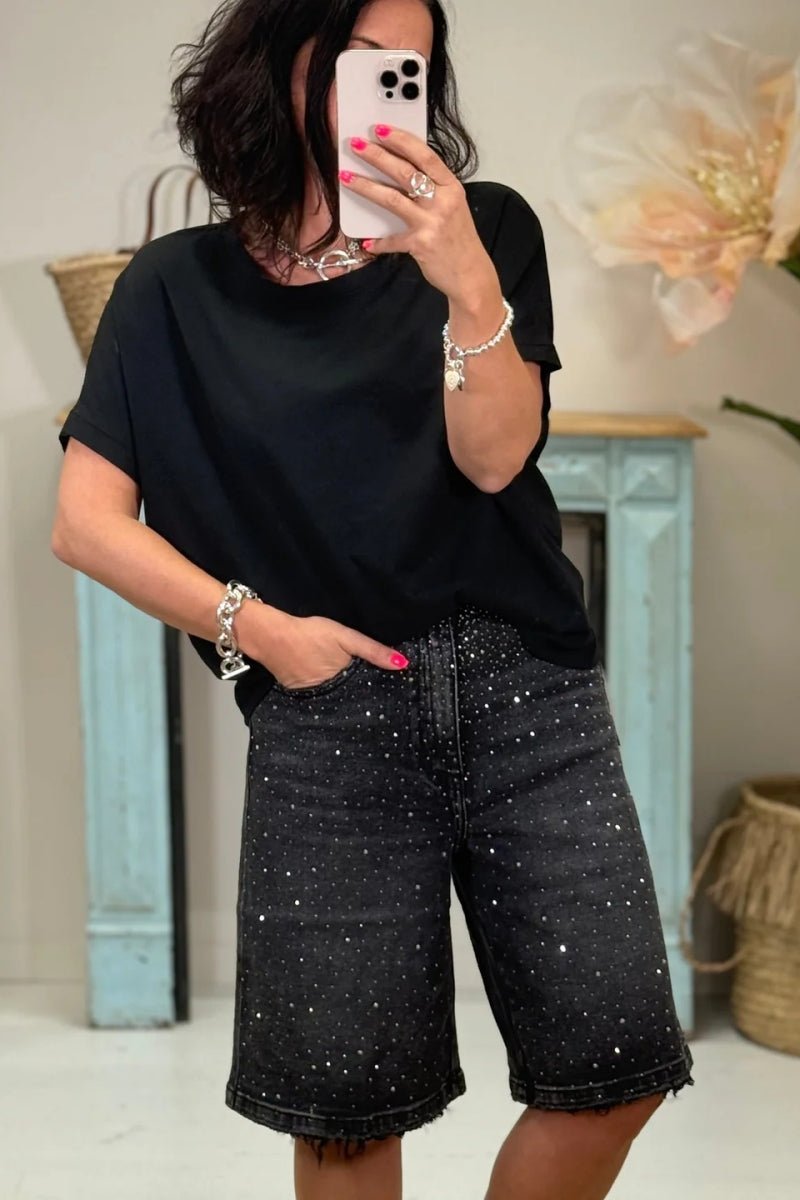 SOKYND Everly Rhinestone Denim Shorts in Black