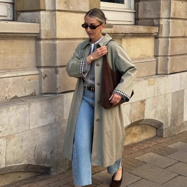 SOKYND Jane Check-Accent Mid Trench Coat CoatSage GreenS