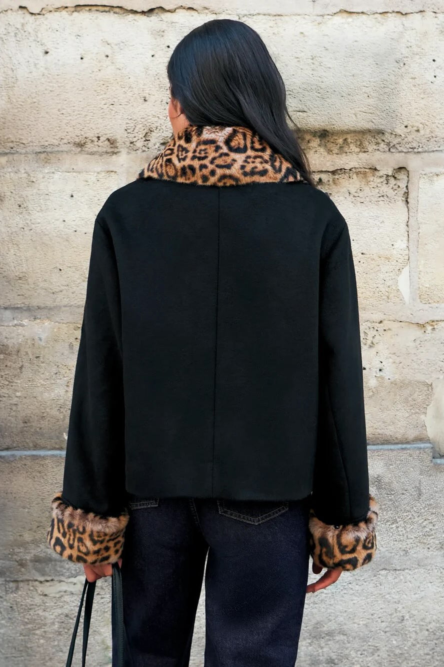 SOKYND Laura Leopard Faux Fur Trim Button-Up Jacket JacketSOKYND-626455-BLA-S-07031BlackS
