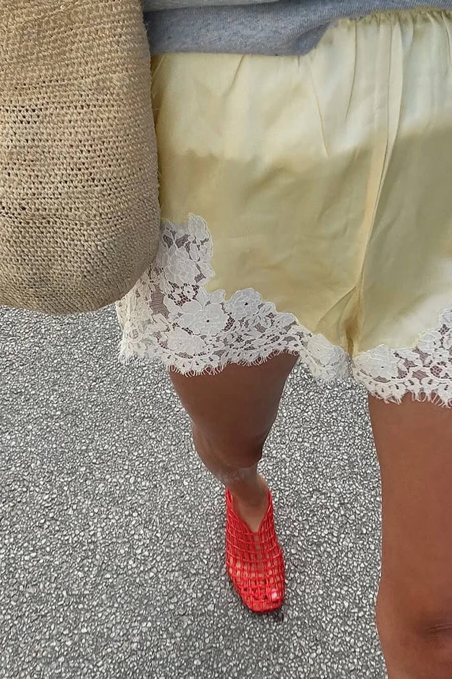 SOKYND Marigold Lace Patchwork Satin Shorts BottomsYellowM