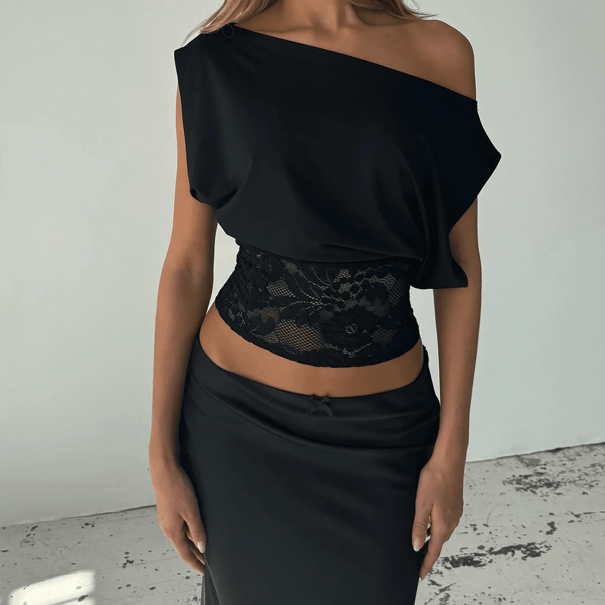 SOKYND Maureen Inclined Shoulder Lace Top TopsDg1772777205901179414BlackS