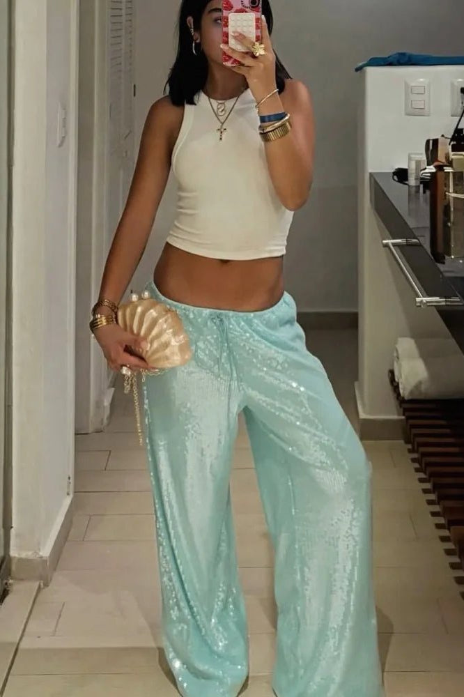 SOKYND Maya Sequin Wide-Leg Trousers PantsSOKYND-476439-GRE-S-89719GreenS