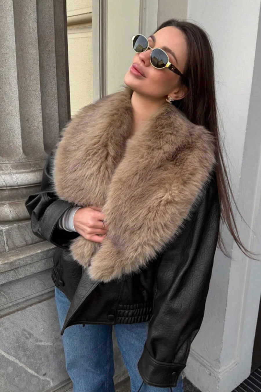 SOKYND Merriame Faux Leather Jacket with Detachable Fur Collar Coats & JacketsBlackM