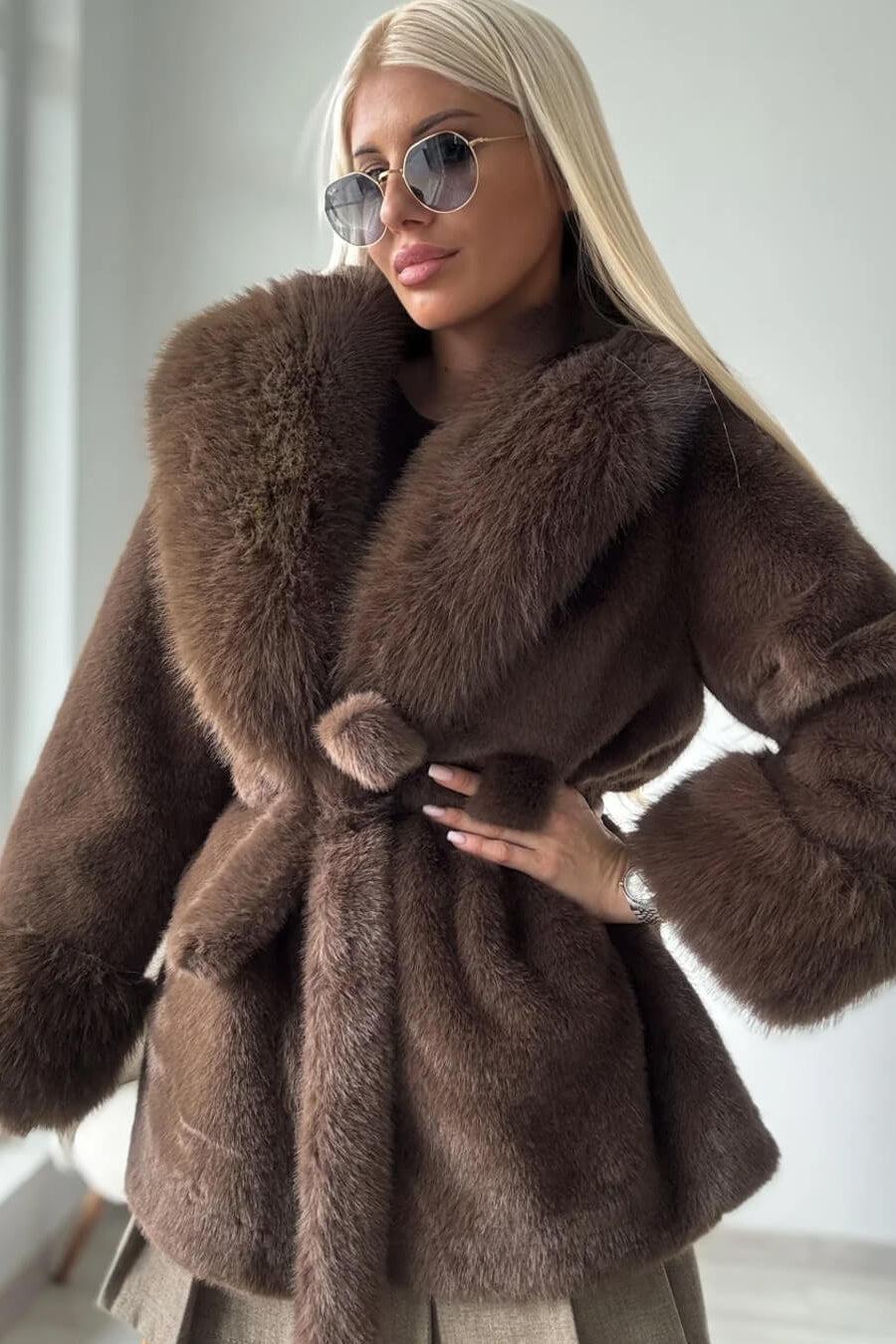 SOKYND Miriam Faux Fur Trim Coat CoatSOKYND-365143-BRO-S-57239BrownS
