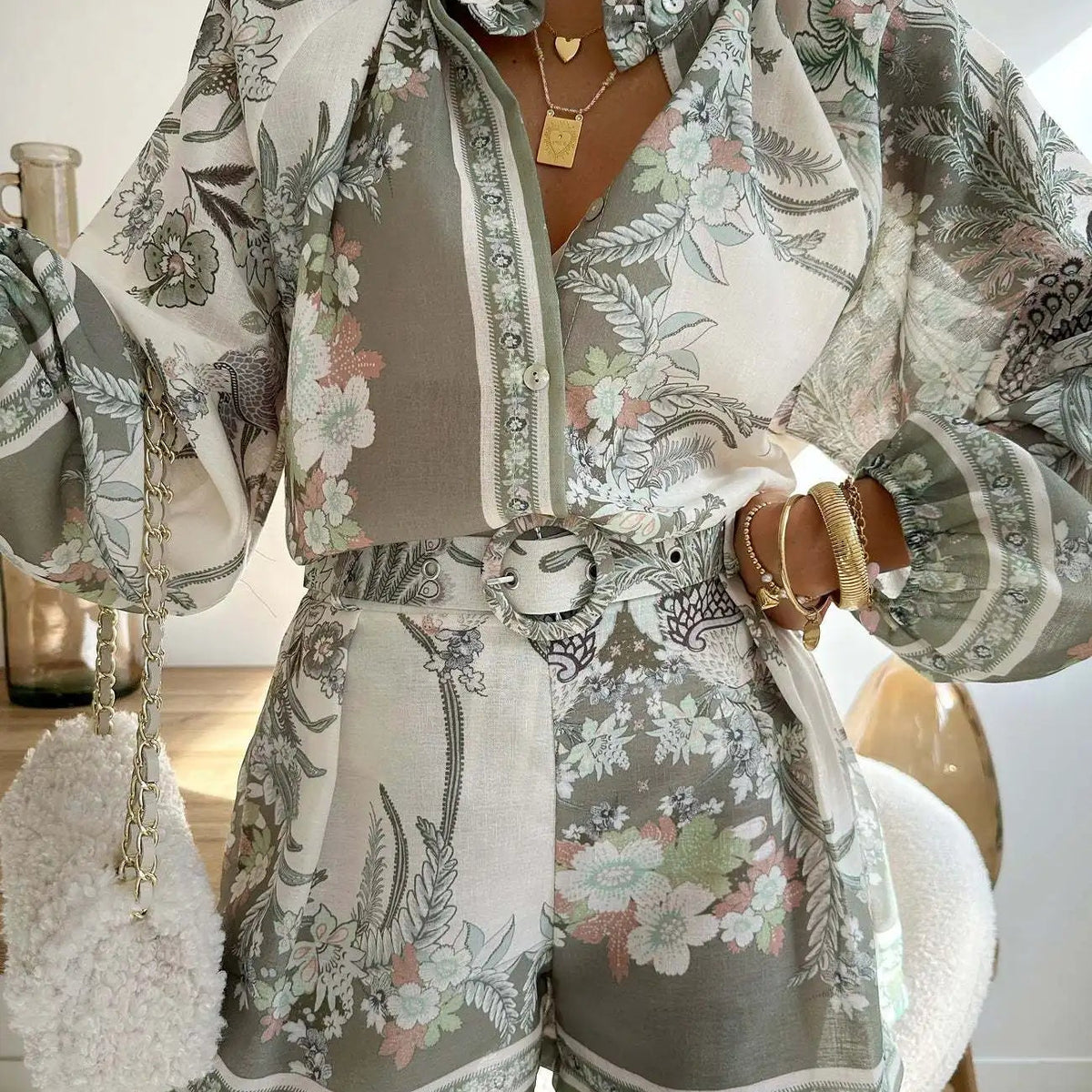 SOKYND Misty Floral Print Long Sleeve Shorts Set Matching Sets1005008984198283-;Ql1774905278707972816GreenS
