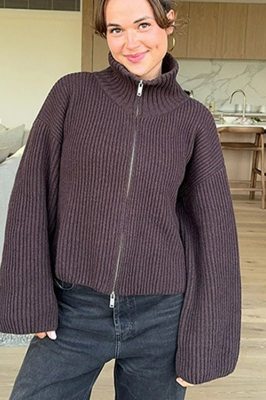 SOKYND Monica High Neck Zip-Up Cardigan CardiganSOKYND-538647-BRO-S-72151BrownS