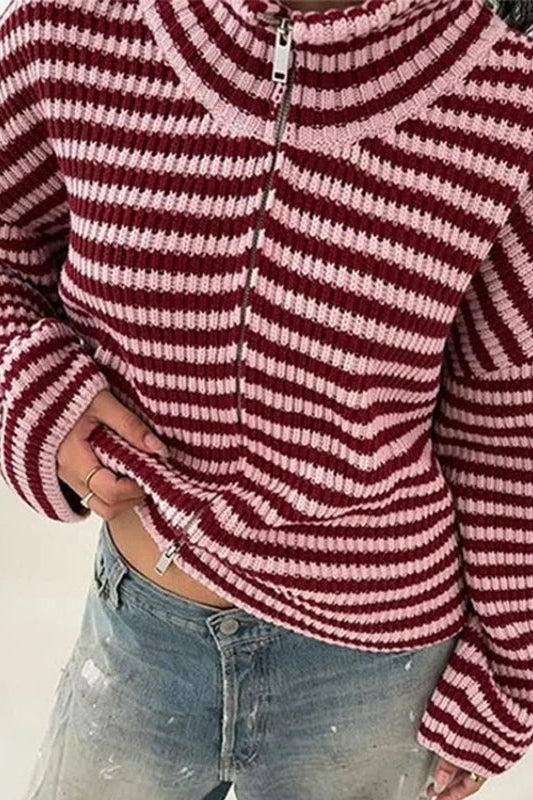 SOKYND Monica High Neck Zip-Up Cardigan CardiganSOKYND-538647-RED-M-08311Red StripesM