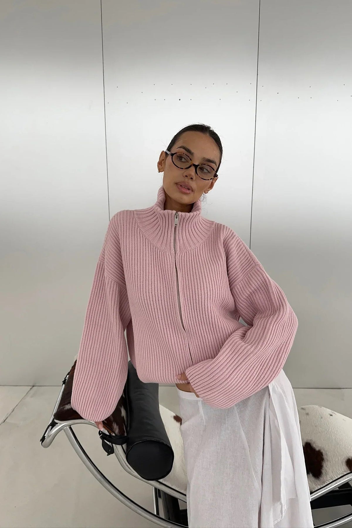 SOKYND Nicole Oversized Ribbed Zip-Up Sweater SweaterSOKYND-441431-PIN-S-33783PinkS