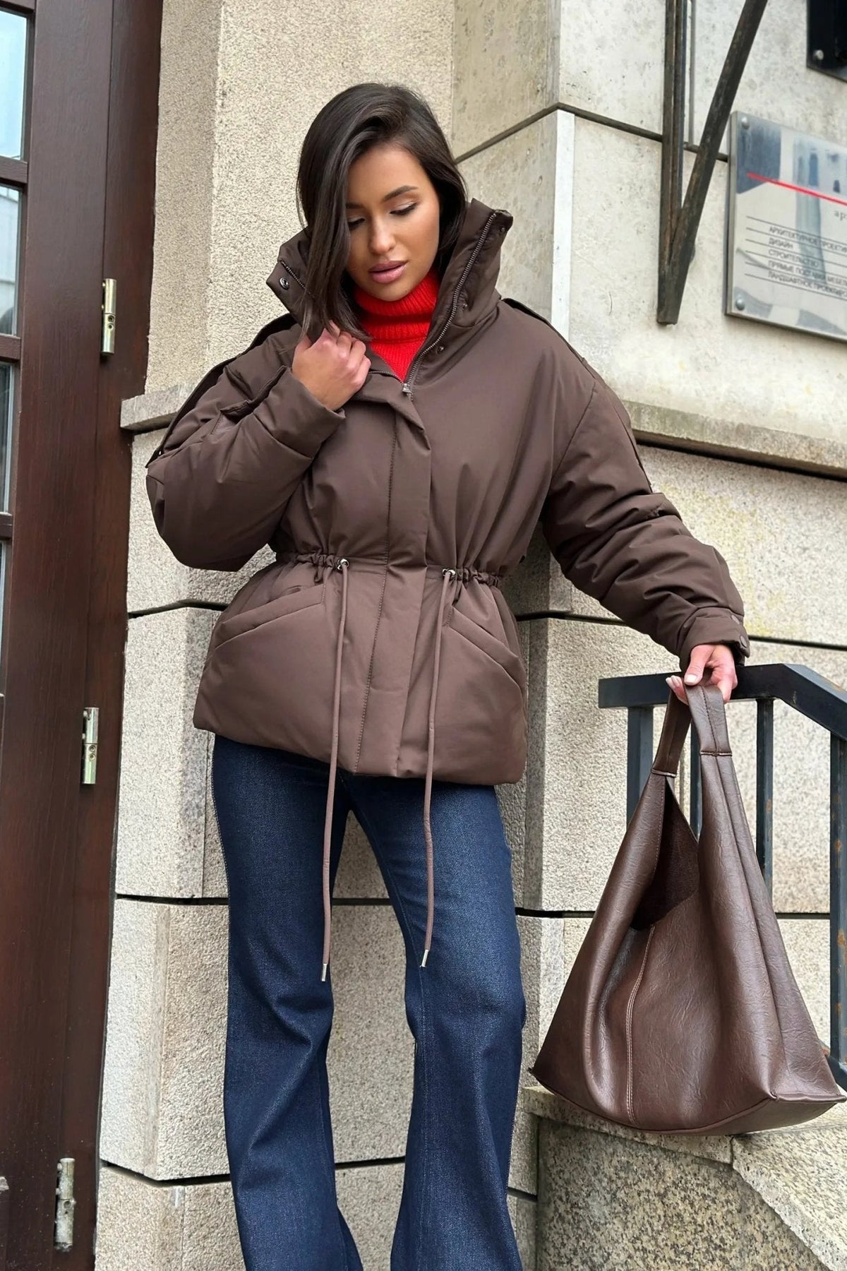 SOKYND Olivia Oversized Drawstring Waist Puffer Jacket JacketSOKYND-246423-BRO-S-36343BrownS