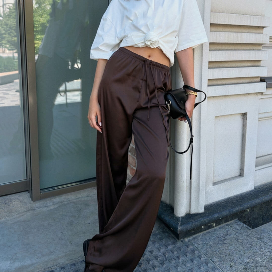 SOKYND Paige High Waist Satin Wide Leg Trousers BottomsBrownS