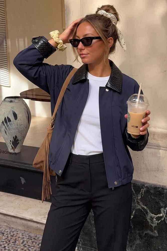 SOKYND Sandra Contrast Collar Bomber Jacket JacketSOKYND-316695-NAV-S-74071NavyS