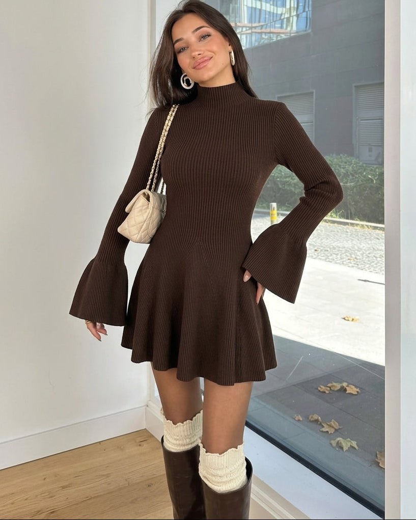 SOKYND Sara Bell Sleeve Ribbed Knit Sweater Dress DressSOKYND-154903-BRO-L-91607BrownL