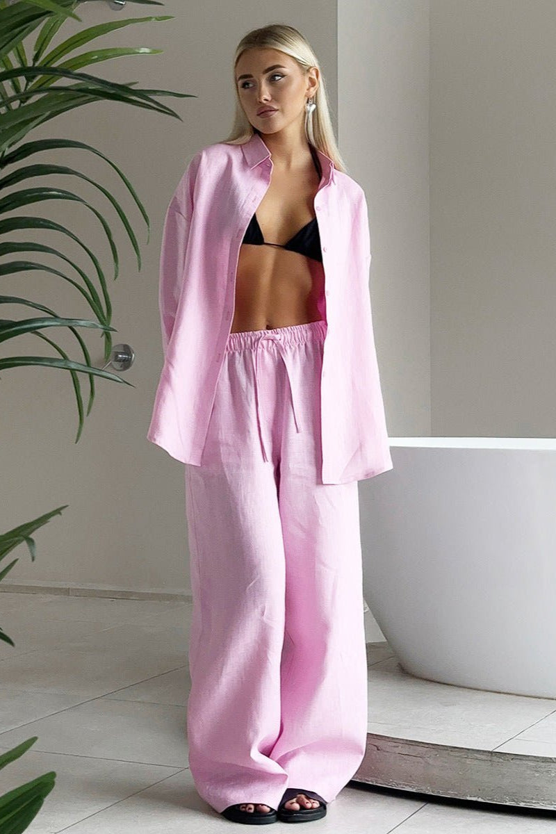 SOKYND Simona Cotton Lounge Set Button - Up Wide Pants Matching SetsL