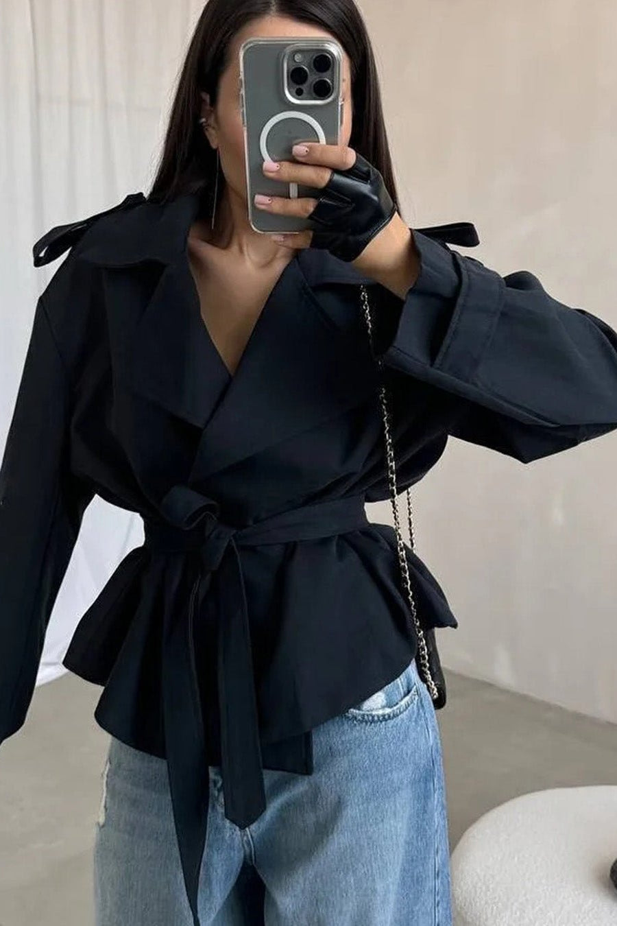 SOKYND Violy Belted Cropped Trench Coat Coats & JacketsBf1774219786681196534Dark BlueM