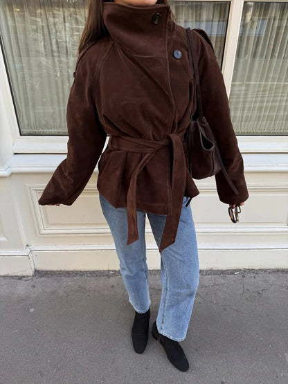 Clara Funnel Faux Suede Trench Coat