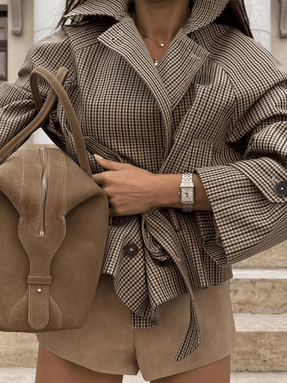 Nina Plaid Funnel Collar Trench Coat