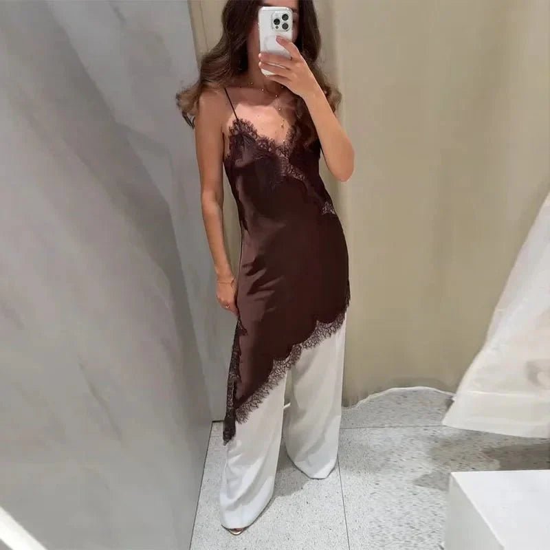 Gemma asymmetrisches Satin-Spitzen-Midikleid