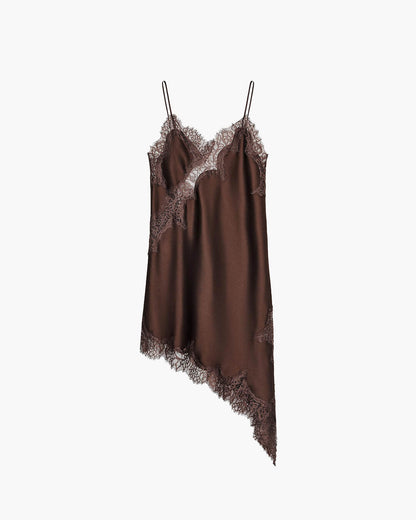 Gemma asymmetrisches Satin-Spitzen-Midikleid