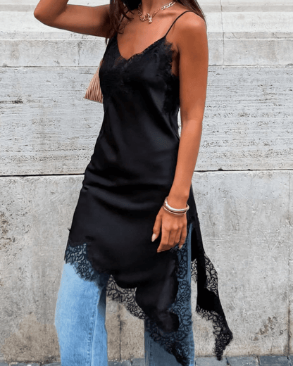 Gemma asymmetrisches Satin-Spitzen-Midikleid