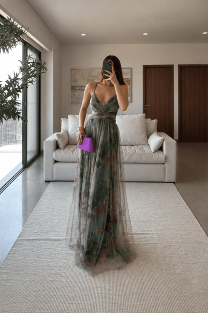 Briony Blumen-Mesh Maxikleid
