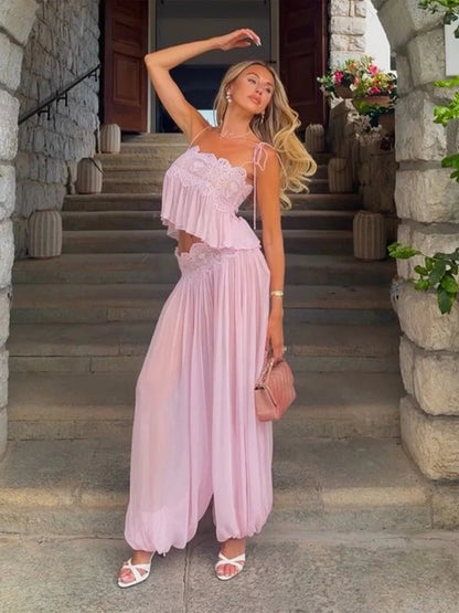 Maya Spitzen-Crop-Top mit Rüschen und Maxirock Set