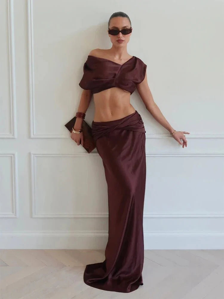 Sienna Satiniertes Falten Crop-Top & Rock-Set