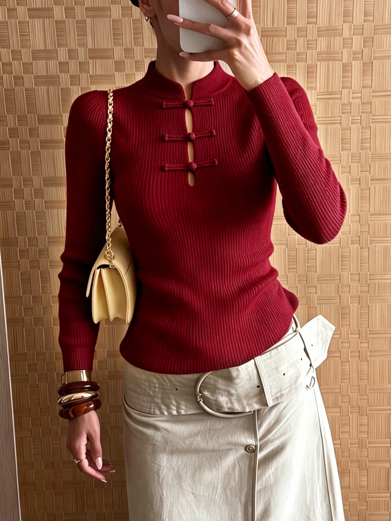 Naomi Strickshirt mit Mandarinkragen und Rippmuster