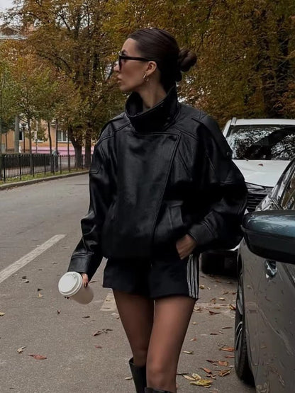 SOKYND Aleah Asymmetrical Leather Jacket Coats & Jacketsgv1767356248732388863BrownXS