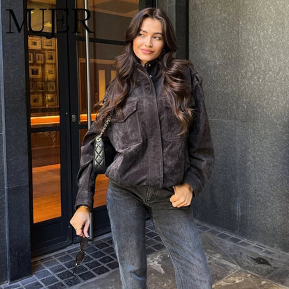SOKYND Alyssa Suede Bomber Jacket Coats & JacketsGA1772777205907984903Dark GreyXS