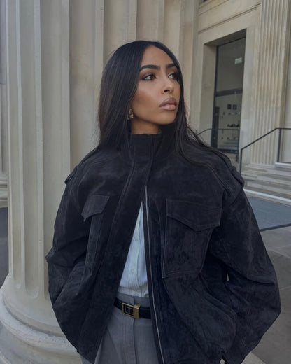 SOKYND Alyssa Suede Bomber Jacket Coats & JacketsMU1772777205908310750Navy BlueXS