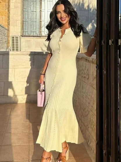 SOKYND Aneyla Bell Sleeve Pleated Knit Midi Dress DressBeigeS