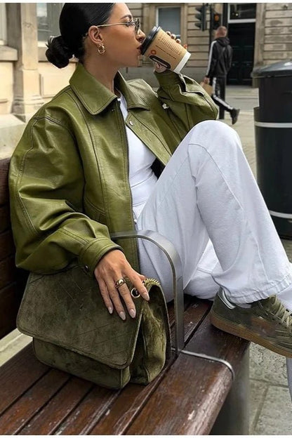 SOKYND Angela Vintage Faux Leather Jacket JacketSOKYND-855511-GRE-S-99895GreenS