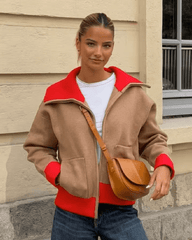 Anne Strickjacke mit breitem Rippkragen und Colour-Blocking