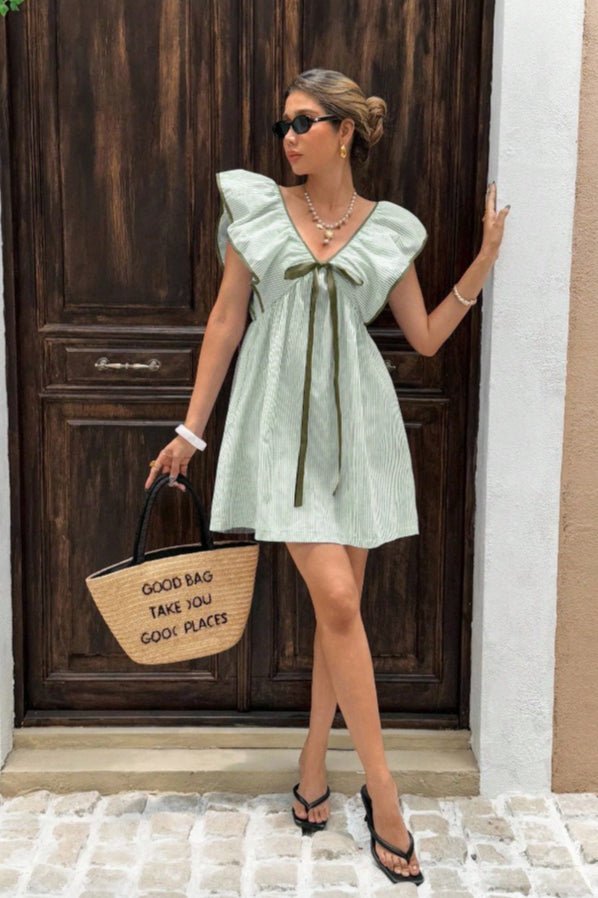 SOKYND Anya Striped V - Neck Ruffle Mini Dress DressGreenS