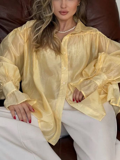 SOKYND Arabella Long Sleeve Sheer Blouse TopsYellowS