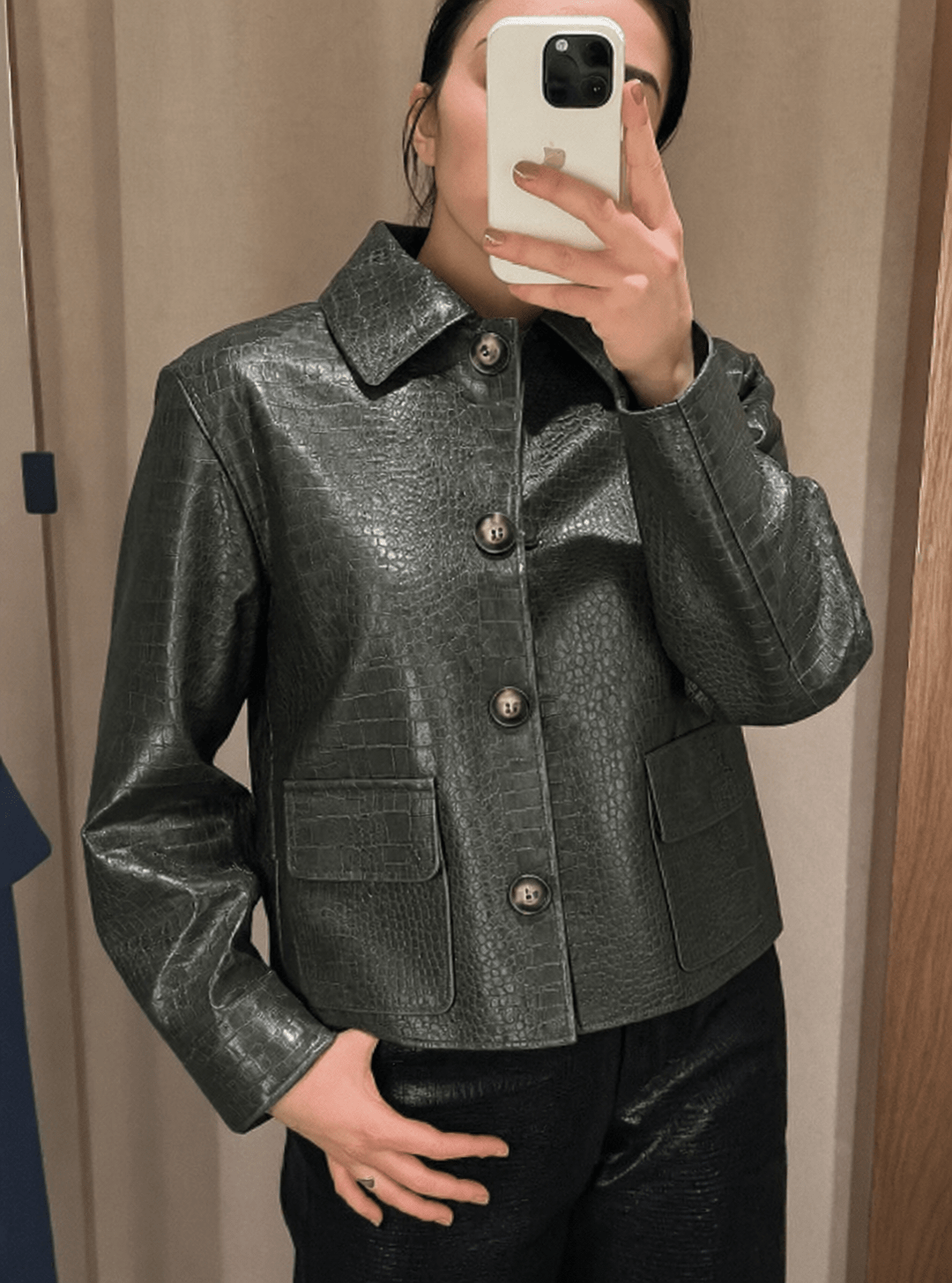 SOKYND Ava Crocodile Embossed Leather Jacket JacketSOKYND-470679-GRE-S-12311GreenS
