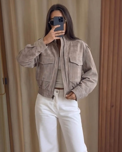 SOKYND Ava Suede Cropped Stand Collar Jacket JacketSOKYND-822167-GRE-L-82231GreyL