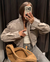 Ava Wildleder-Kurze Stehkragenjacke