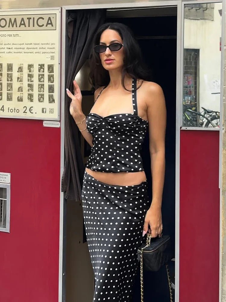 SOKYND Camila Polka Dot Halter Crop Top Maxi Skirt Set SetBlackM