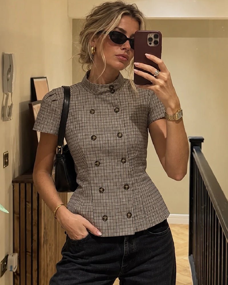 SOKYND Carla High Neck Plaid Fitted Blouse BlouseSOKYND-114967-GRE-XS-42839GreyXS