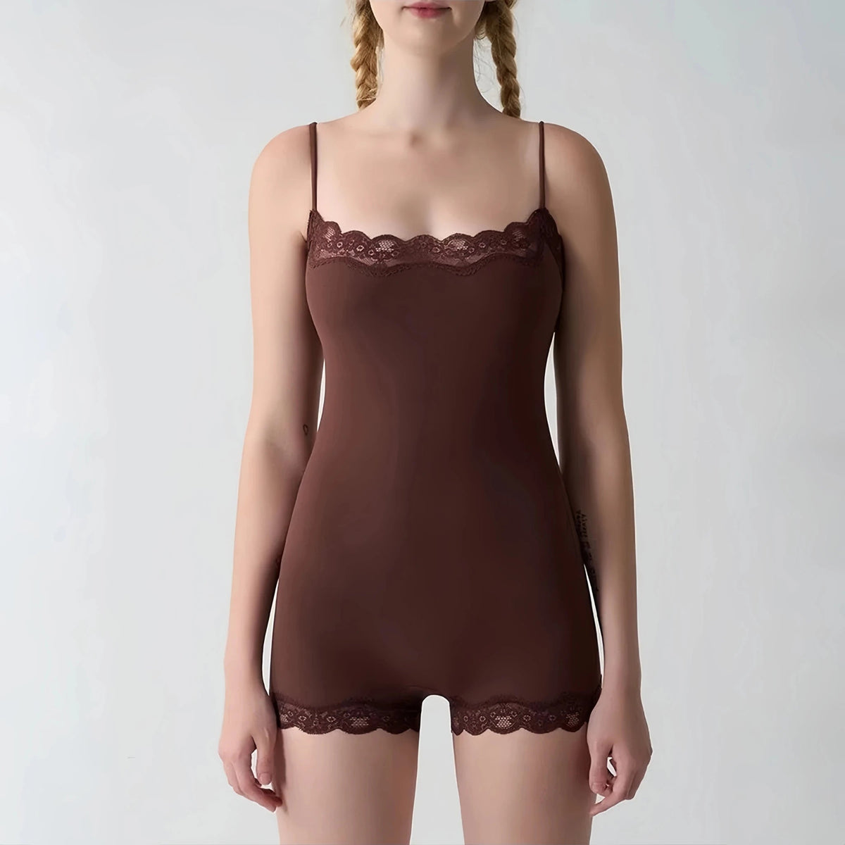 SOKYND Carmina Lace Trim Strap Romper in Coffee